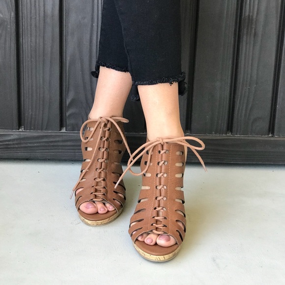 Cognac LaceUp Laser Cut Cork Platform Wedge Sandal - Picture 8 of 8